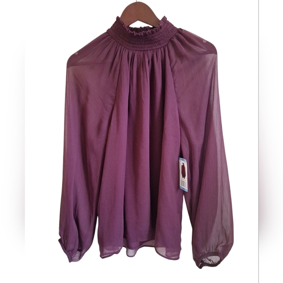 NWT! Joie Sheer Smocked Mock Neck Blouse Burgundy Long Sleeve Boho Top Sz Large - Picture 8 of 9